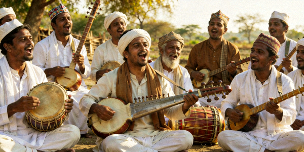 বাংলাদেশের বাউল সাধক দলবল সহযোগে গান গাইছেন